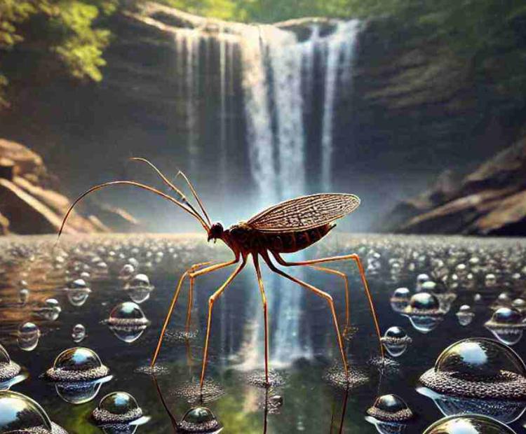 A water strider gliding on the surface of a creek, leaving tiny ripples in its wake near a waterfall.