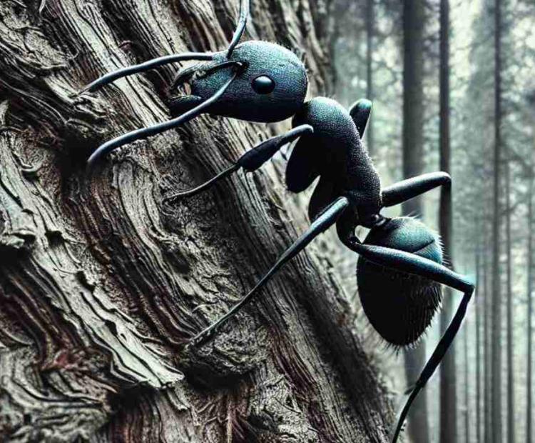 A massive black ant scaling the bark of a colossal tree, exploring its surroundings in the forest.